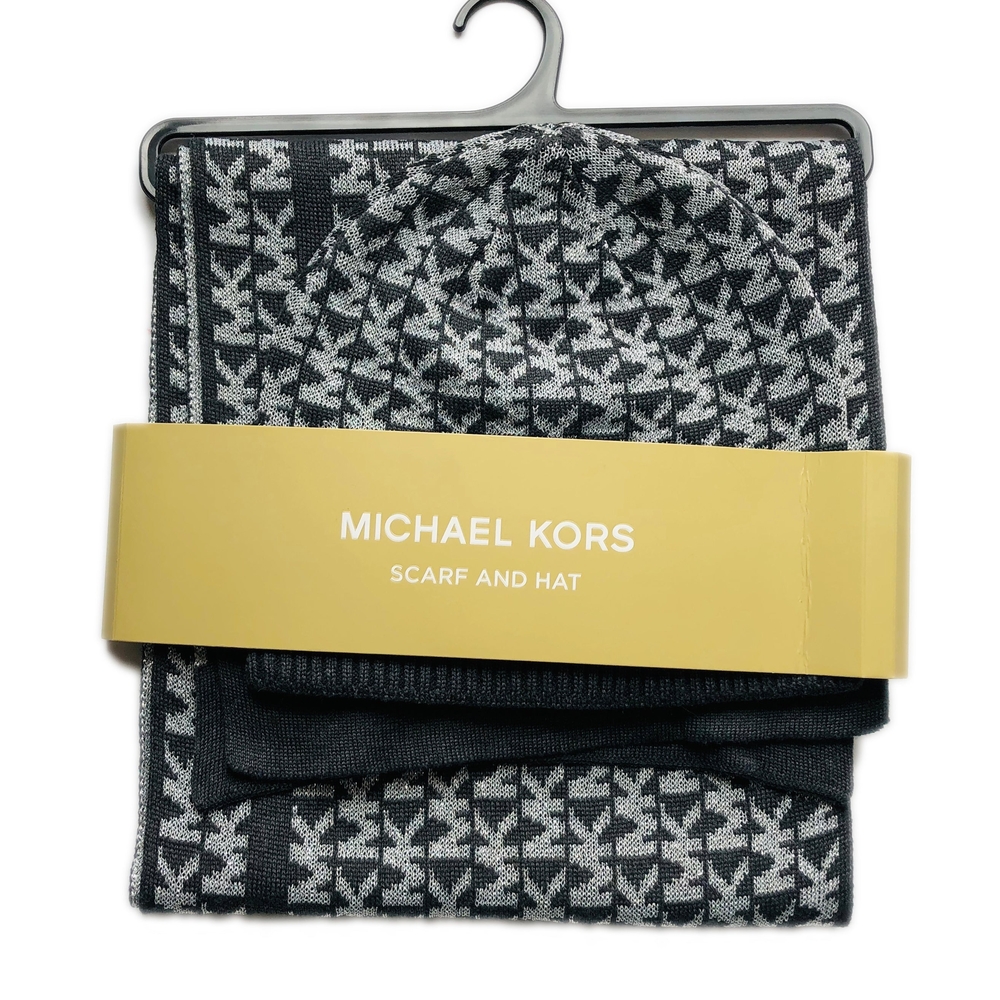 Michael Kors Black and Gray Scarf and Hat Set